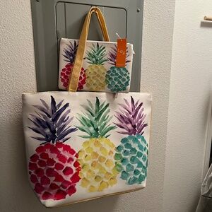 NWT Love Of Fashion Tropical Pineapple Tote Shoulder Bag with pouch
